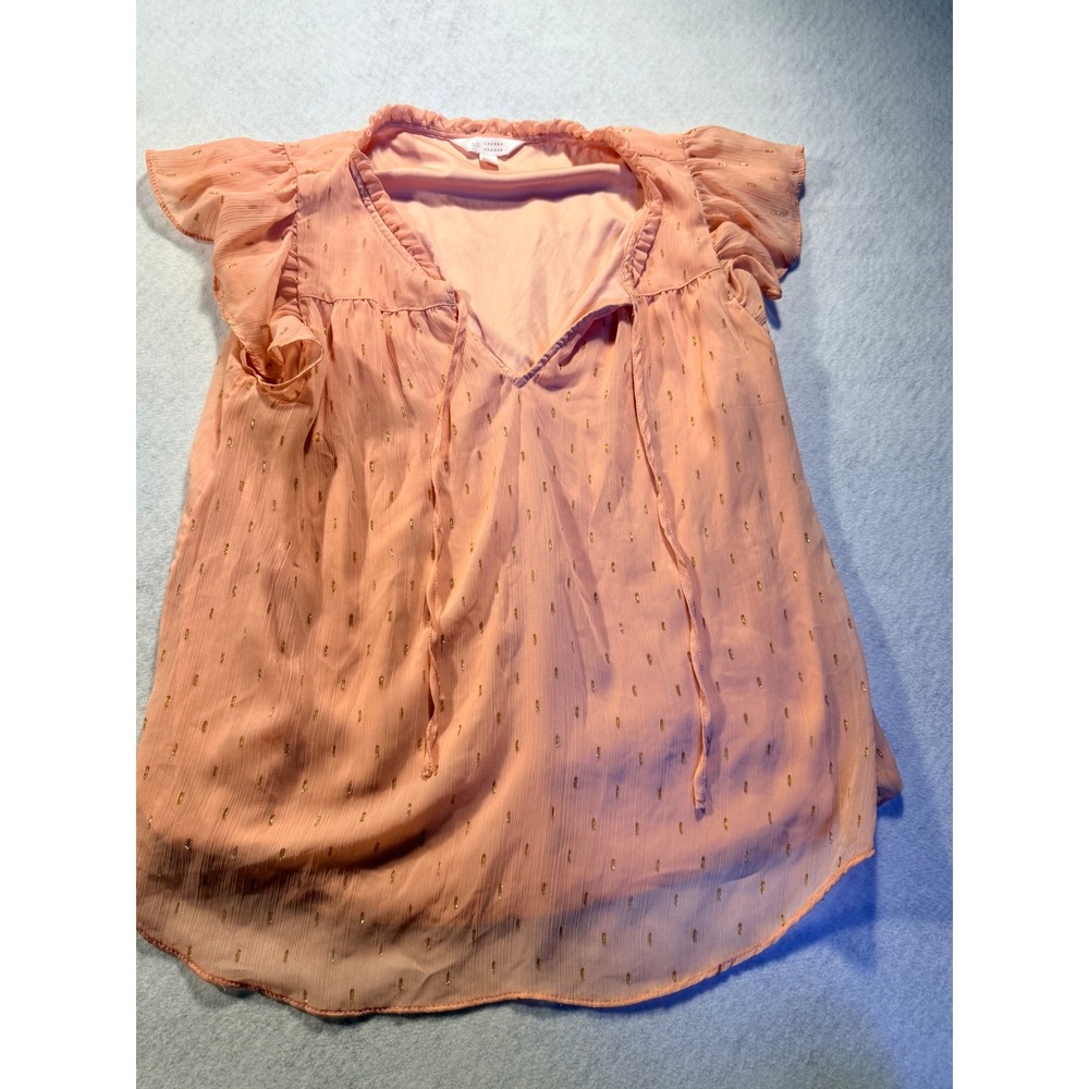 LC Lauren Conrad Peach Gold Metallic Dot Flutter Sleeve Blouse Top Medium